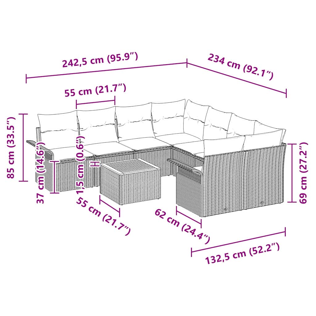 Garten-Sofa-Set mit Kissen mit Speicher 9 pcs Schwarz und Creme