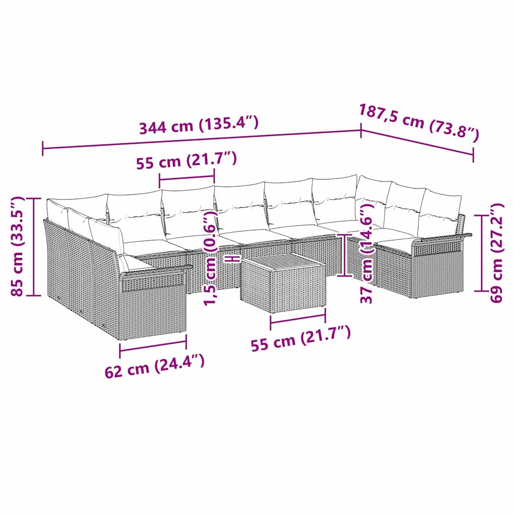 Garten-Sofa-Set mit Kissen mit Kissen 11 pcs Schwarz und Creme