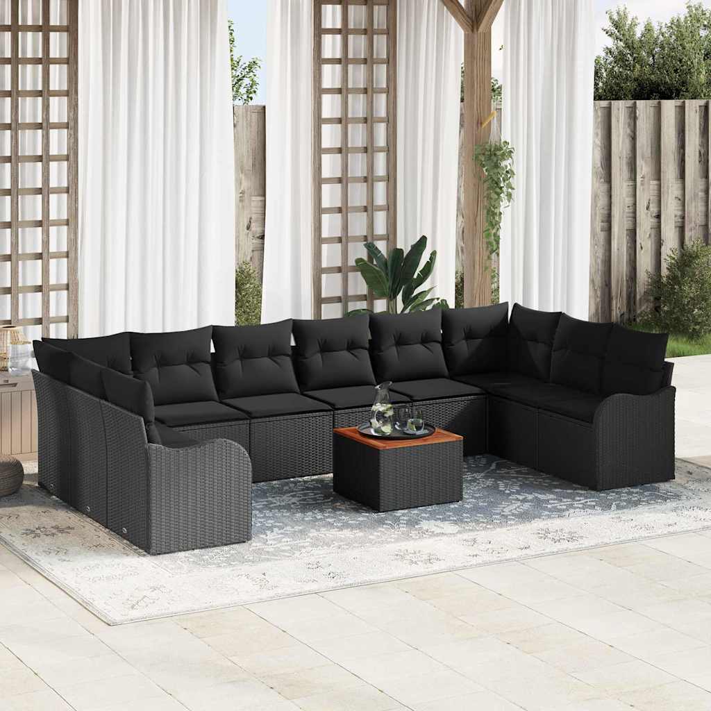 Gartensofa-set 11 pcs Schwarz und Creme Poly-Rattan