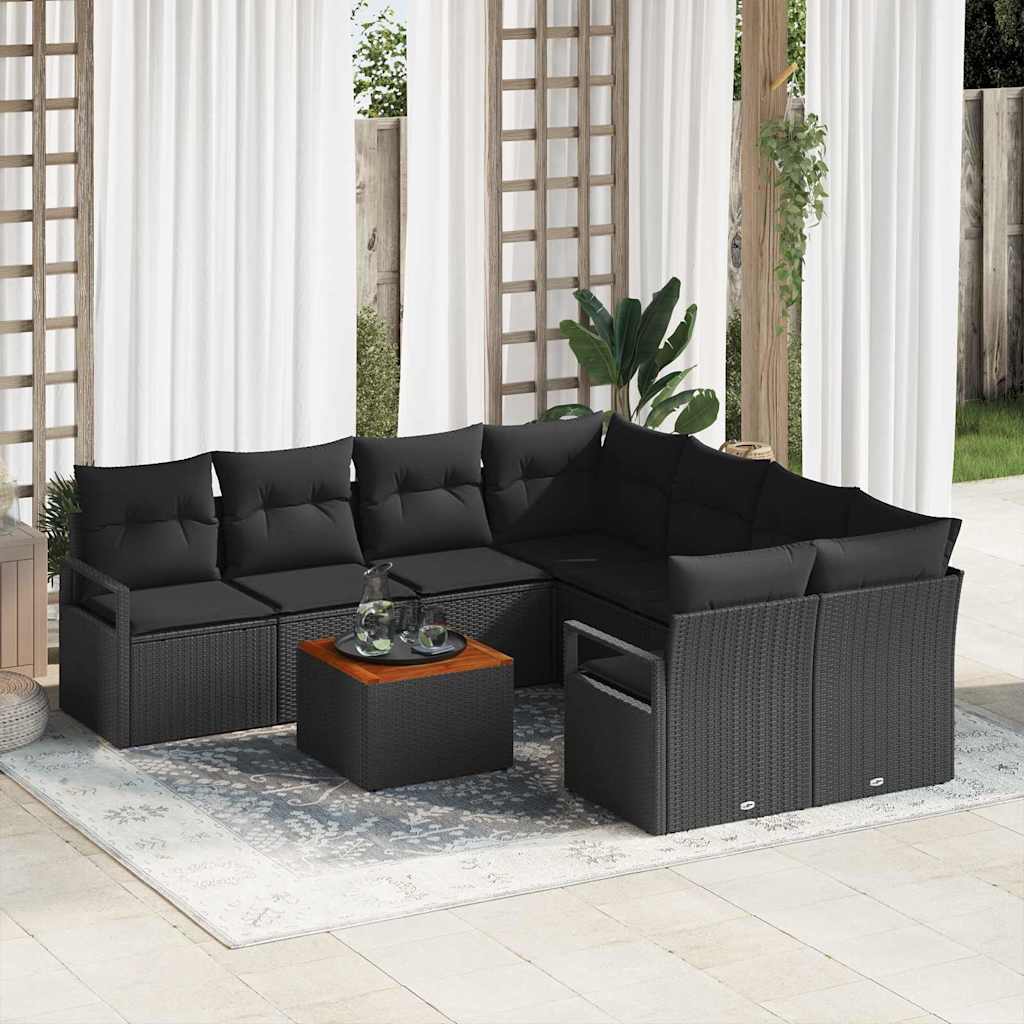 Gartensofa-set mit Speicher 9 pcs Schwarz und Creme Poly-Rattan
