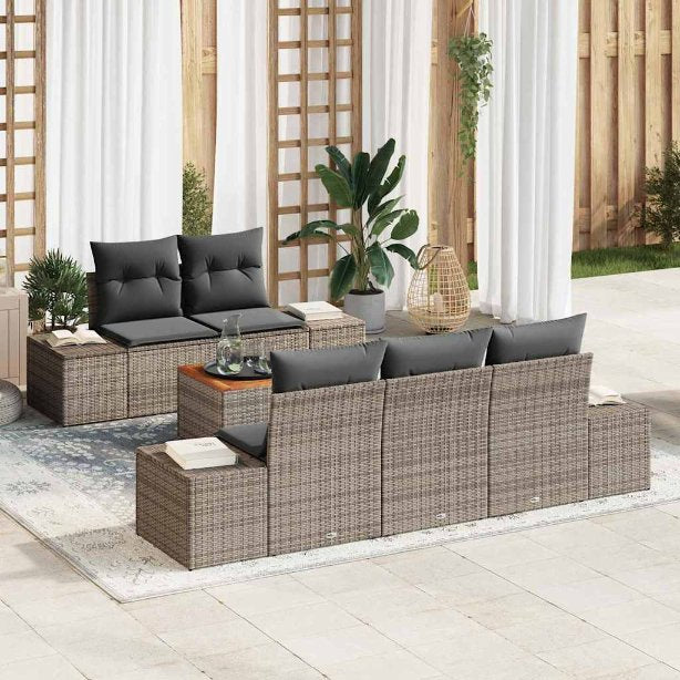 Gartensofa-set mit Speicher 6 pcs Schwarz und Creme Poly-Rattan