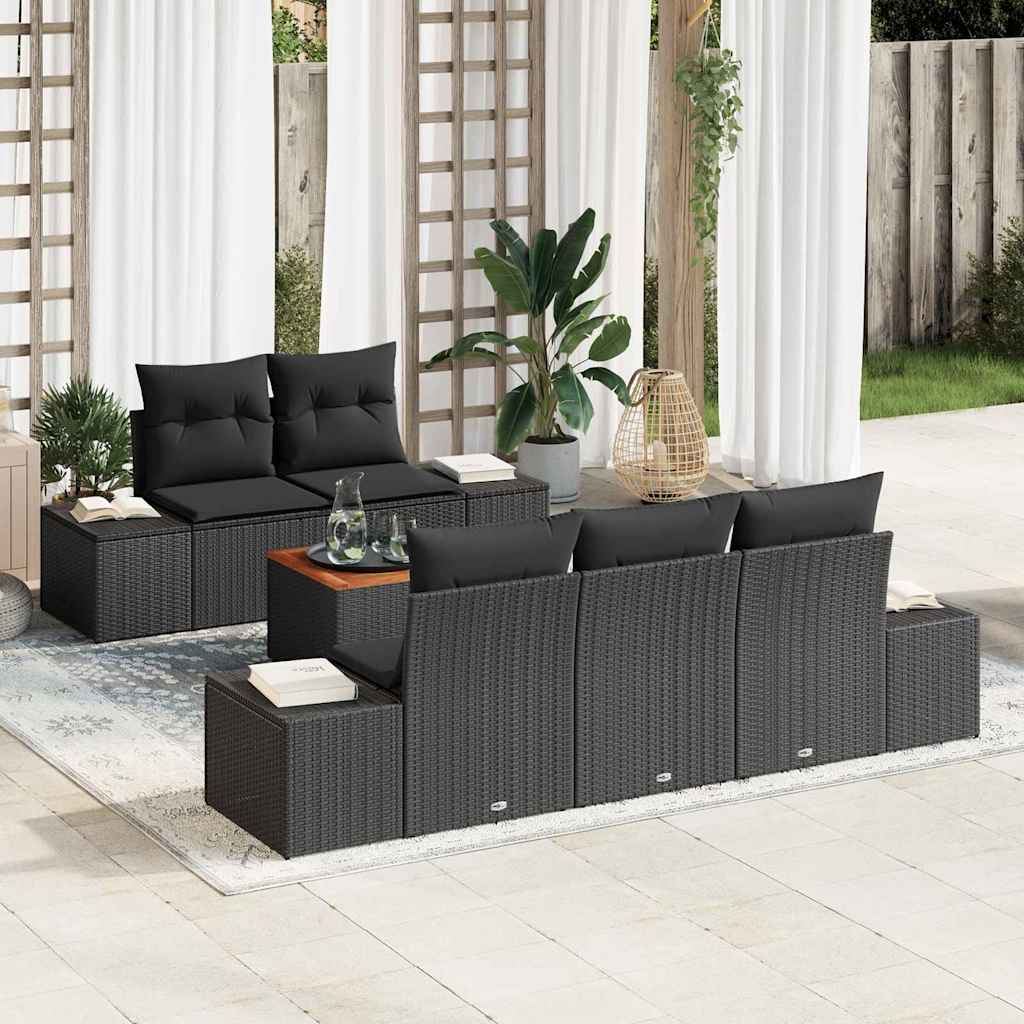 Gartensofa-set mit Speicher 6 pcs Schwarz und Creme Poly-Rattan