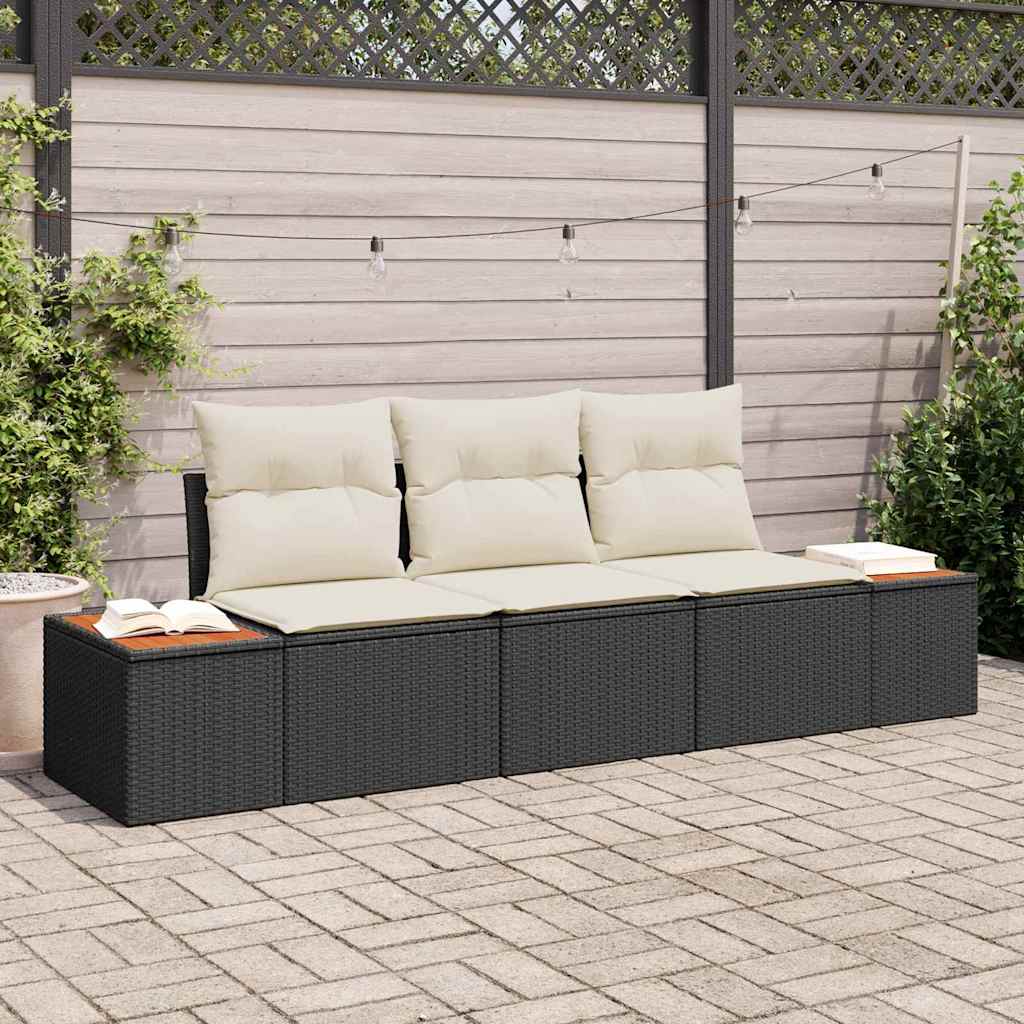 vidaXL Garten-Sofa-Set mit Kissen 3 pcs Schwarz und Creme Poly Rattan