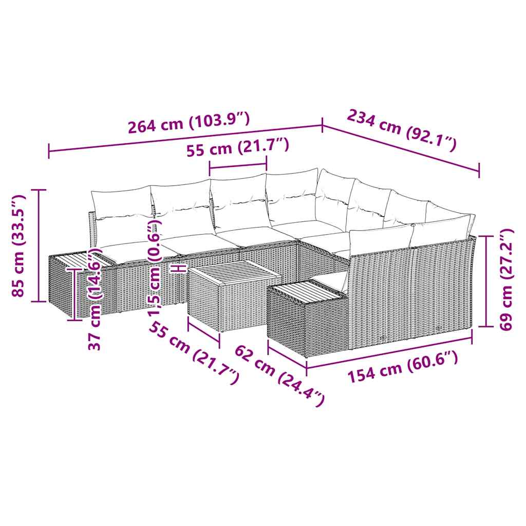 Garten-Sofa-Set mit Kissen 9 pcs Schwarz Poly Rattan