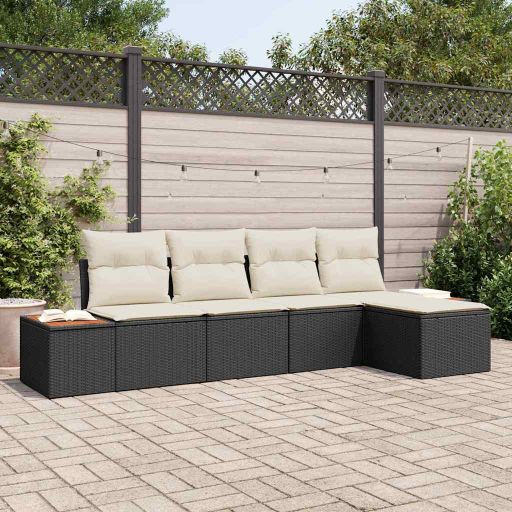 Gartensofa-set mit Kissen 5 pcs Schwarz und Creme Poly Rattan