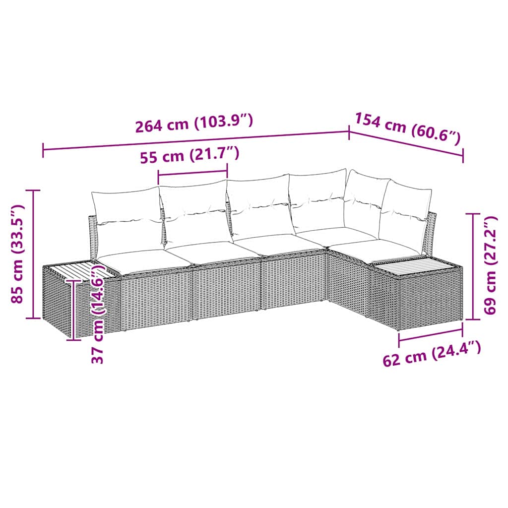 vidaXL Garten-Sofa-Set mit Kissen 5 pcs Schwarz und Creme Poly Rattan