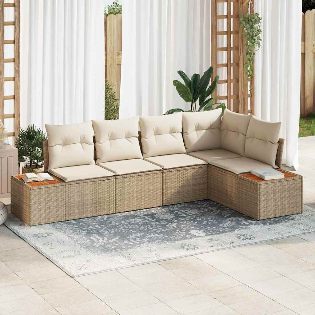 vidaXL Garten-Sofa-Set mit Kissen 5 pcs Schwarz und Creme Poly Rattan