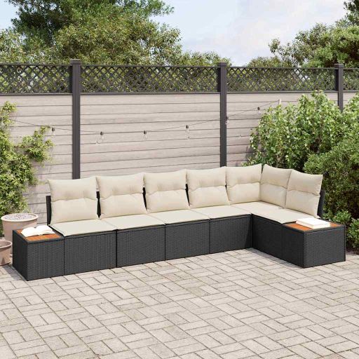 Garten-Sofa-Set mit Kissen 6 pcs Schwarz und Creme Poly Rattan