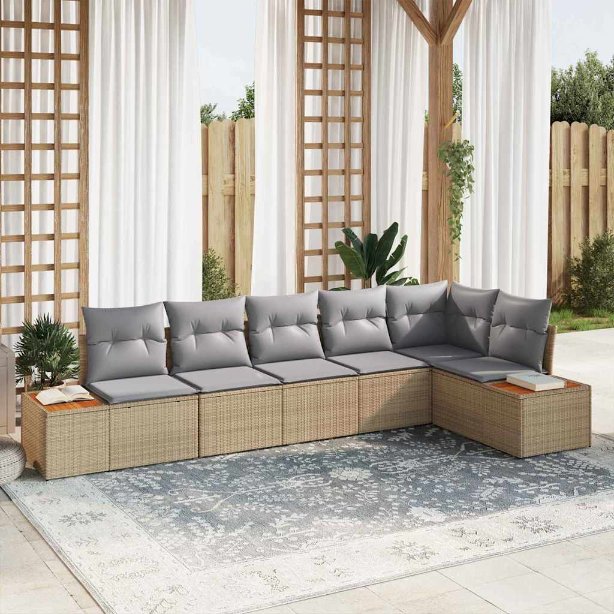 Garten-Sofa-Set mit Kissen 6 pcs Schwarz und Creme Poly Rattan