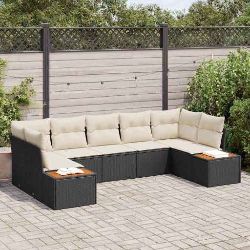 Gartensofa-set mit Kissen 7 pcs Schwarz und Creme Polyrattan