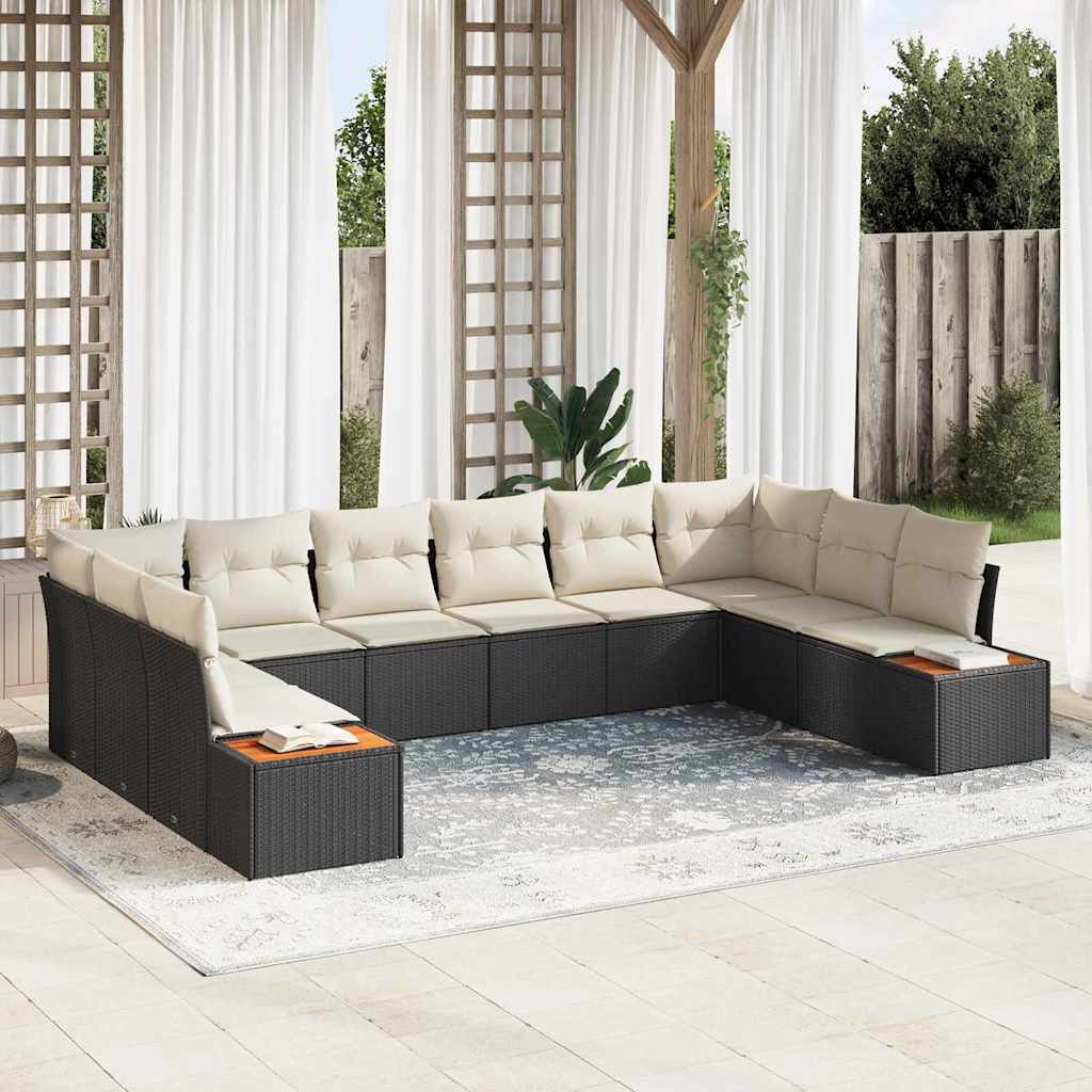 vidaXL Garten-Sofa-Set mit Kissen 10 pcs Schwarz und Creme Poly Rattan