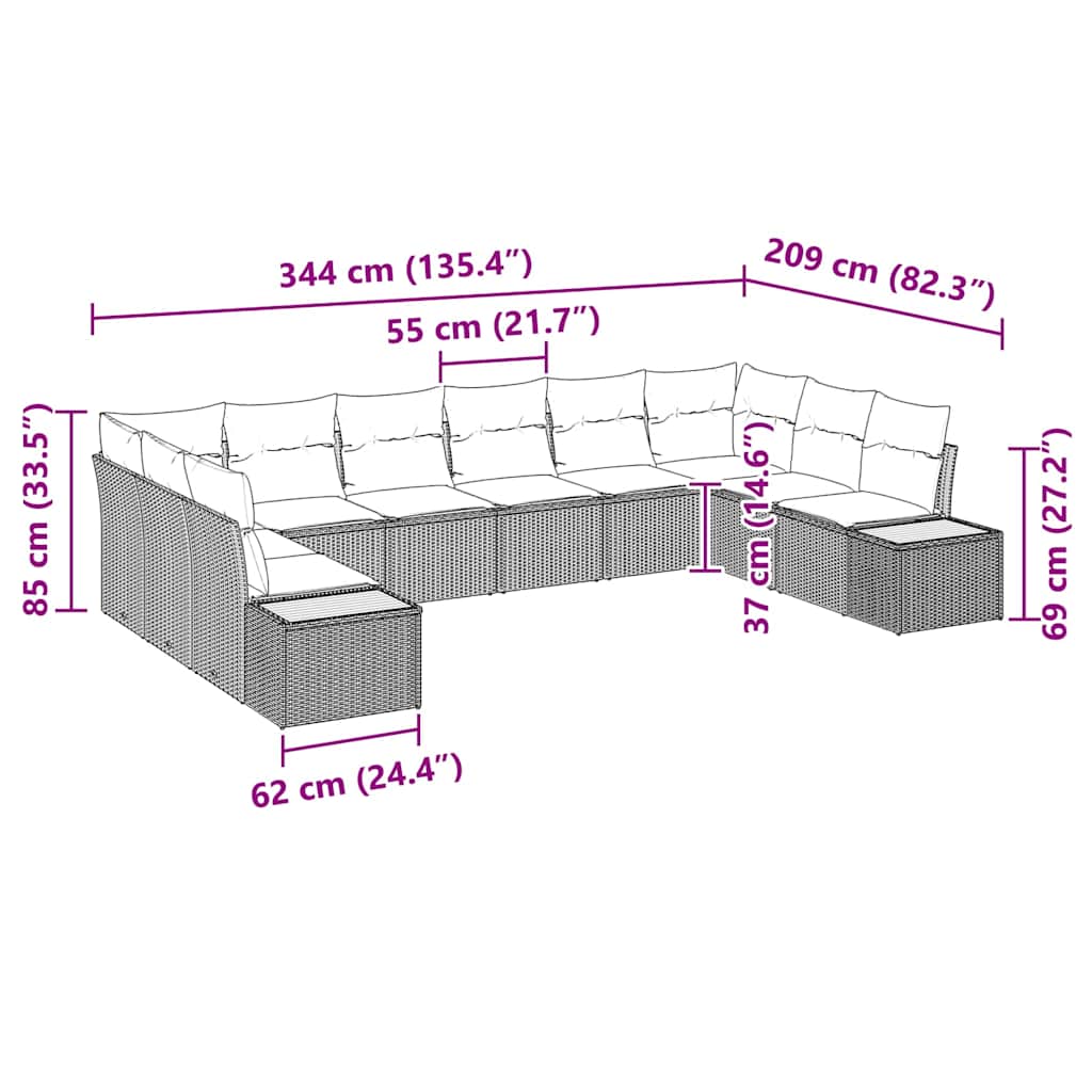 vidaXL Garten-Sofa-Set mit Kissen 10 pcs Schwarz und Creme Poly Rattan