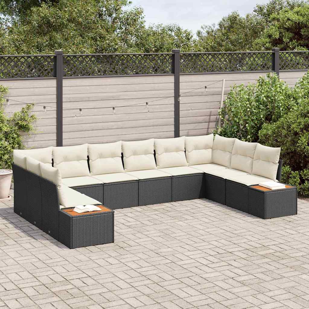 vidaXL Garten-Sofa-Set mit Kissen 10 pcs Schwarz und Creme Poly Rattan