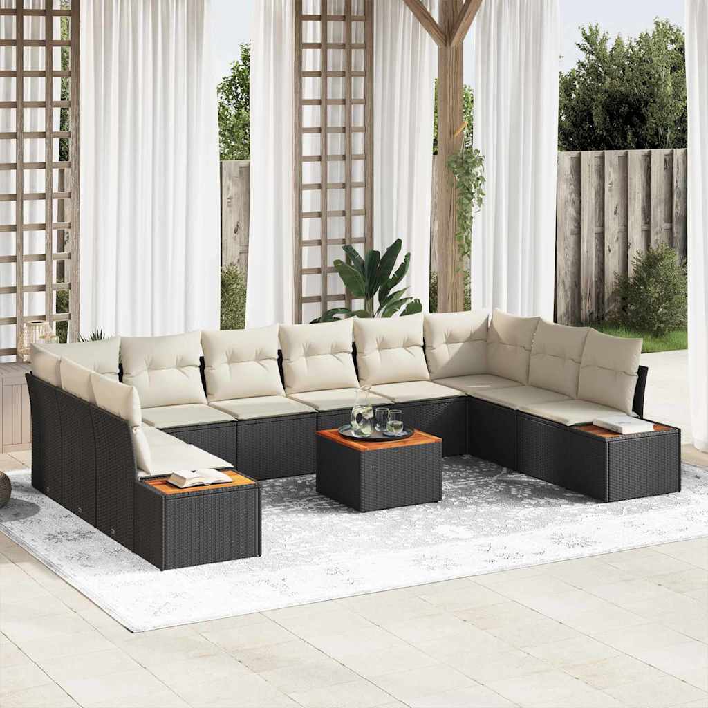 vidaXL Garten-Sofa-Set mit Kissen 10 pcs Schwarz und Creme Poly Rattan