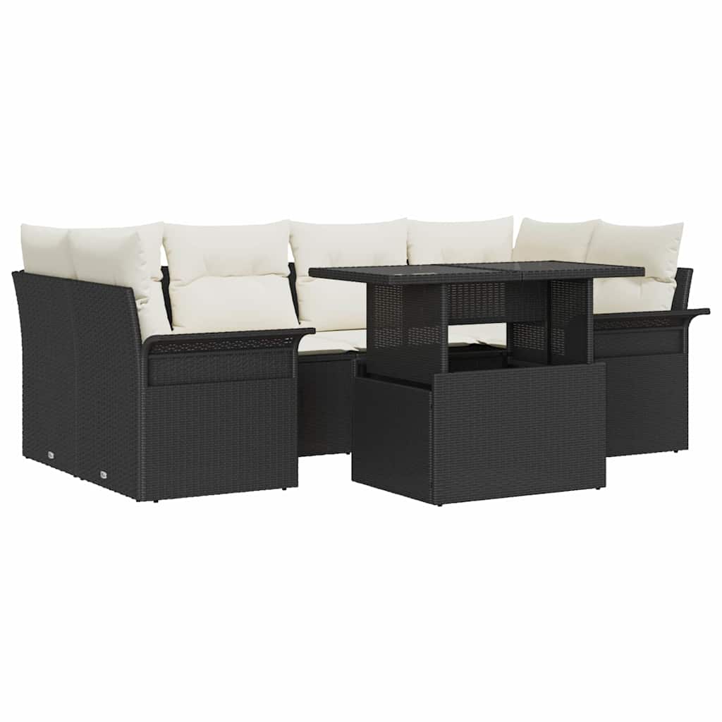 Garten-Sofa-Set mit Kissen 7 pcs Schwarz Poly Rattan