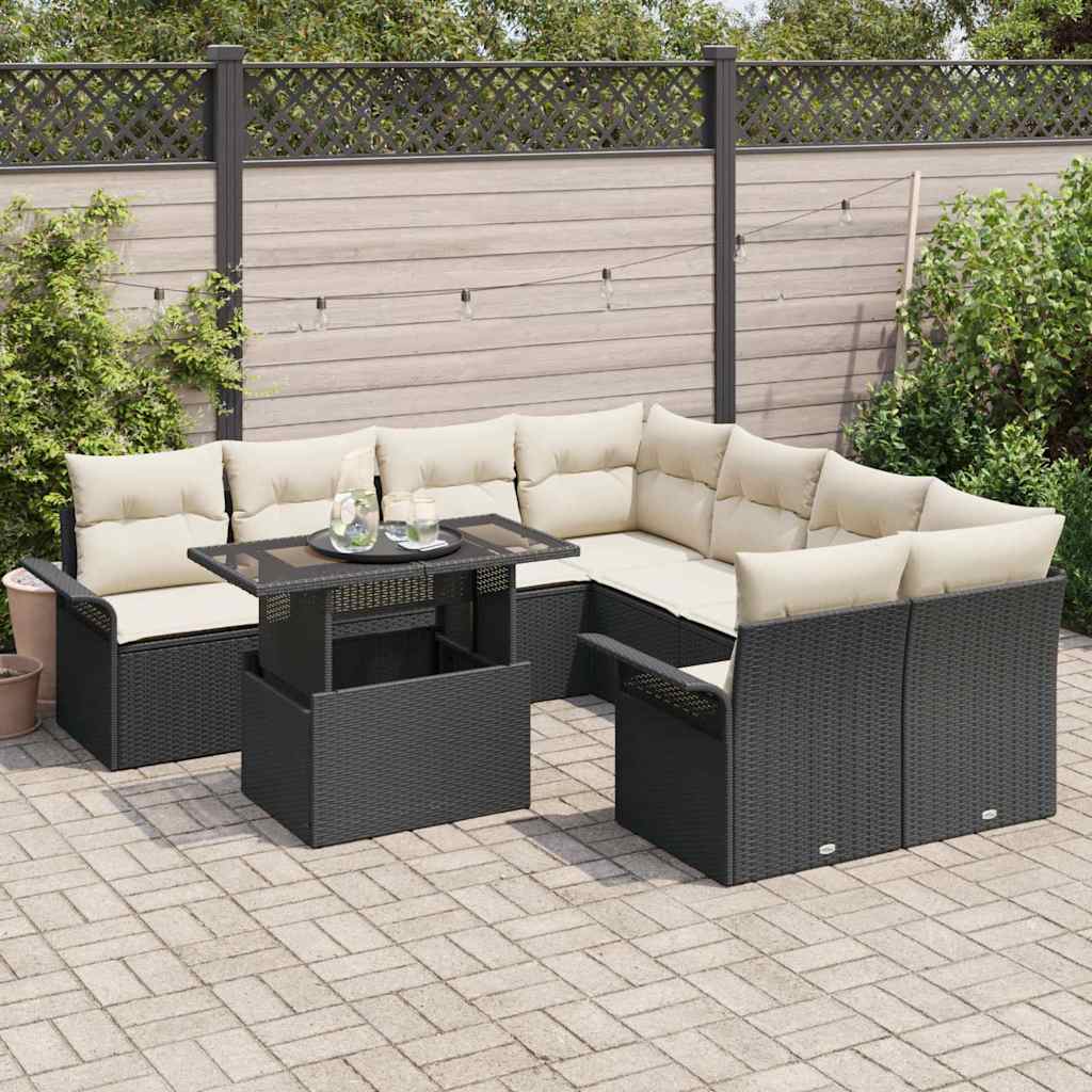 Gartensofa-set mit Kissen 9 pcs Schwarz Poly Rattan