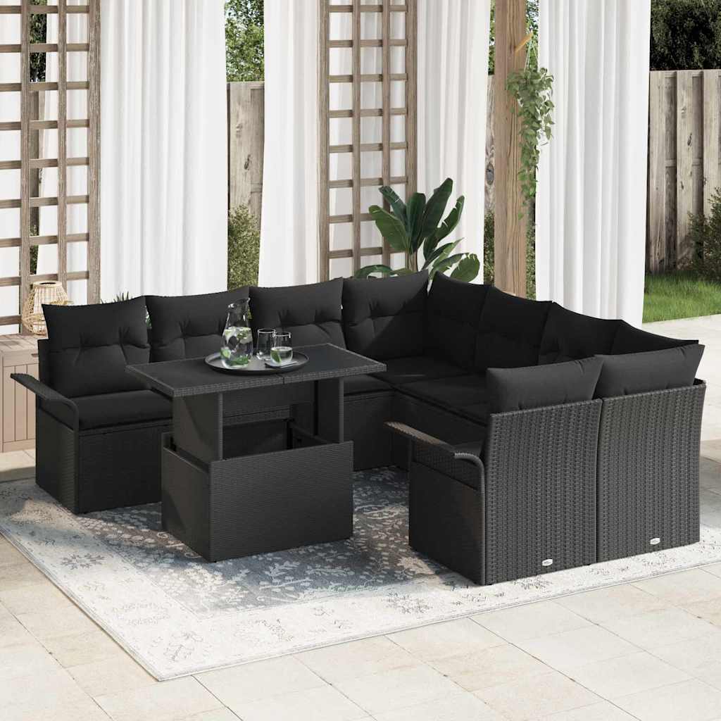 Gartensofa-set mit Kissen 9 pcs Schwarz Poly Rattan