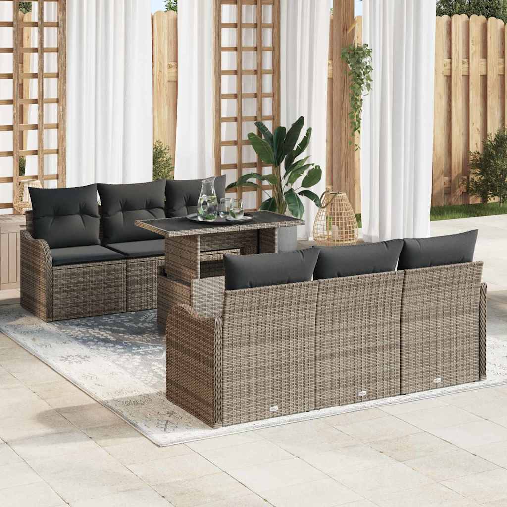 Garten-Sofa-Set mit Kissen mit Kissen 7 pcs Schwarz Poly Rattan