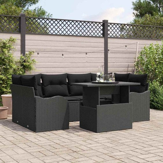 Gartensofa-set mit Kissen mit Kissen 7 pcs Schwarz Poly Rattan