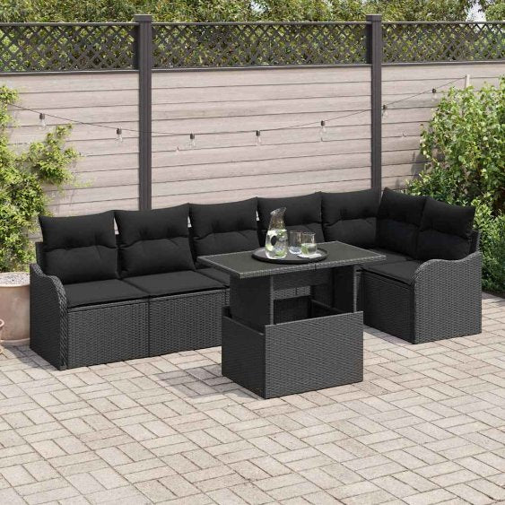 Garten-Sofa-Set mit Kissen mit Kissen 7 pcs Schwarz Poly Rattan