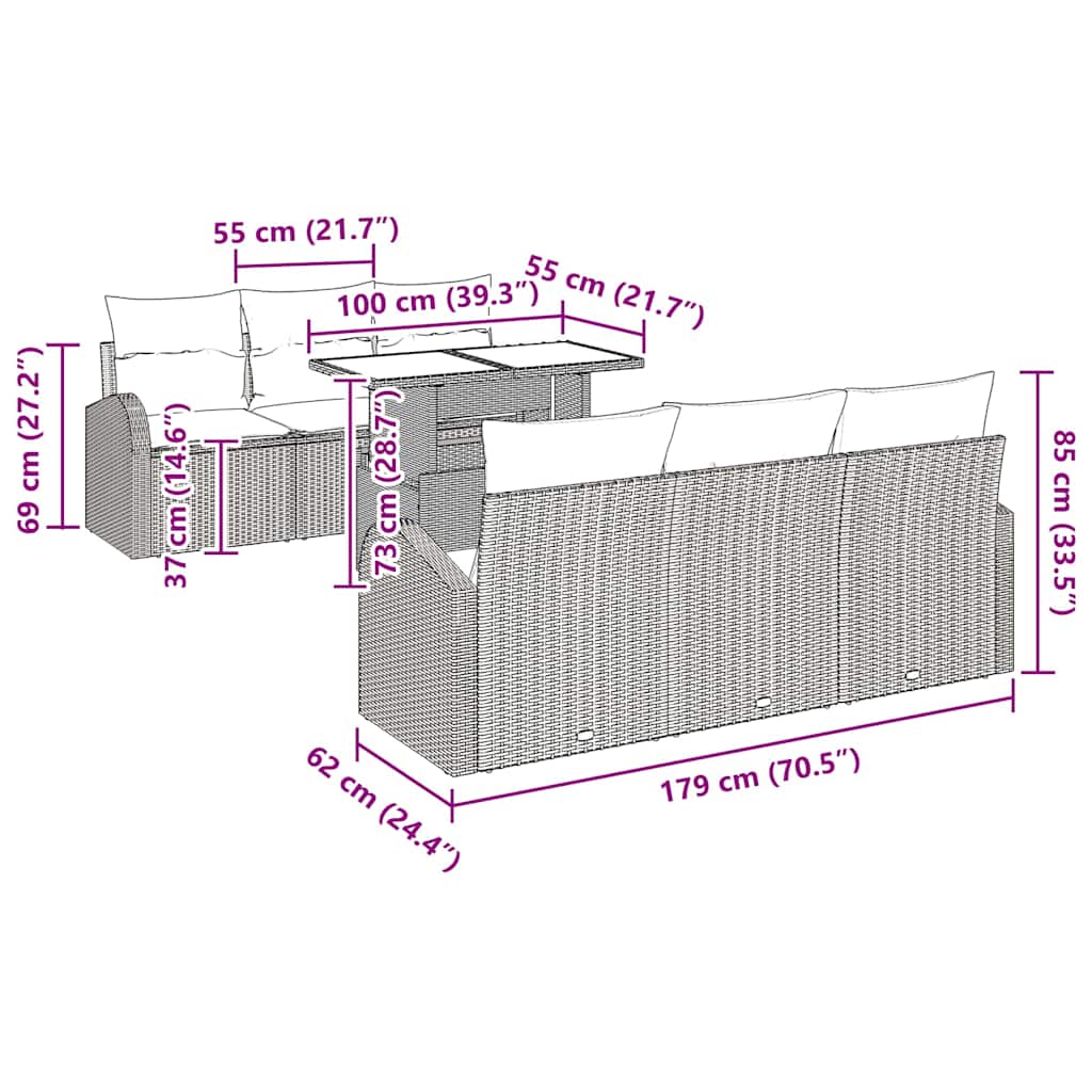 vidaXL Gartensofa-set mit Kissen mit Kissen 7 pcs Schwarz Poly Rattan