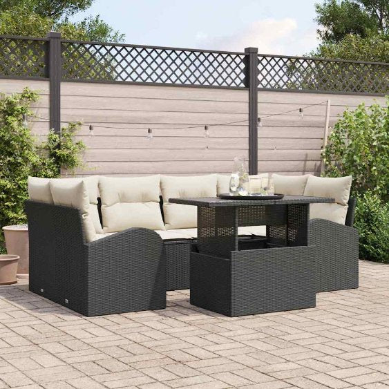 vidaXL Garten-Sofa-Set mit Kissen mit Kissen 7 pcs Schwarz Poly Rattan