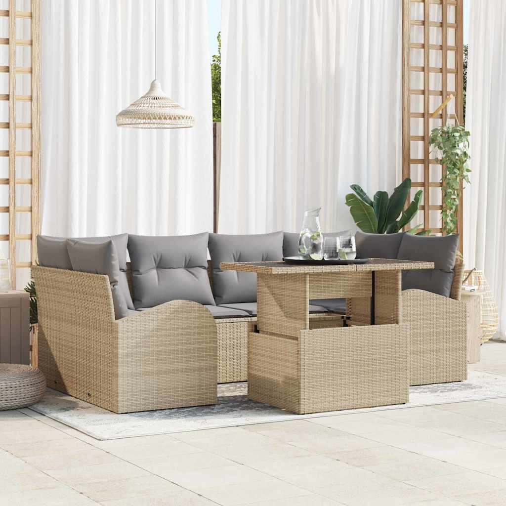 vidaXL Garten-Sofa-Set mit Kissen mit Kissen 7 pcs Schwarz Poly Rattan