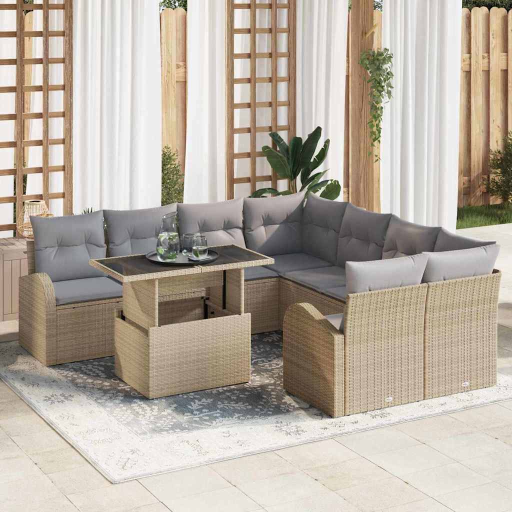 Garten-Sofa-Set mit Kissen mit Kissen 9 pcs Schwarz Poly Rattan