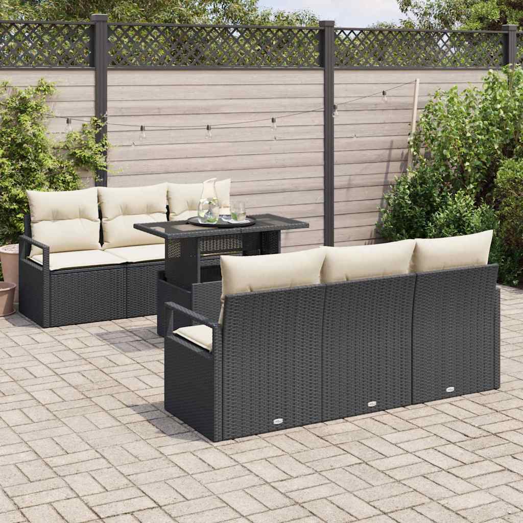 Gartensofa-set mit Kissen 7 pcs Schwarz Poly Rattan