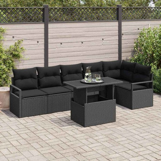 Garten-Sofa-Set mit Speicher 7 pcs Schwarz Poly Rattan