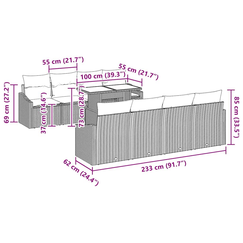 Garten-Sofa-Set mit Kissen 9 pcs Schwarz Poly-Rattan