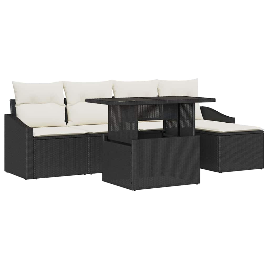 vidaXL Garten-Sofa-Set mit Kissen 6 pcs Schwarz und Creme Poly-Rattan