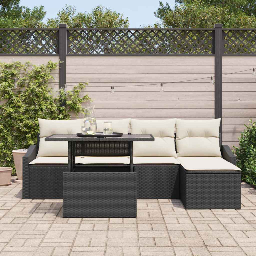 vidaXL Garten-Sofa-Set mit Kissen 6 pcs Schwarz und Creme Poly-Rattan