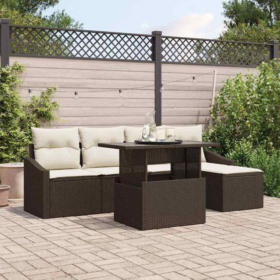 vidaXL Garten-Sofa-Set mit Kissen 6 pcs Schwarz und Creme Poly-Rattan