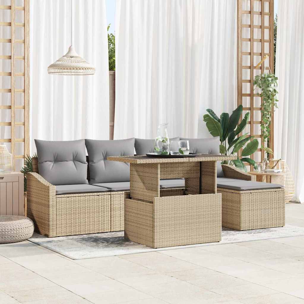 vidaXL Garten-Sofa-Set mit Kissen 6 pcs Schwarz und Creme Poly-Rattan