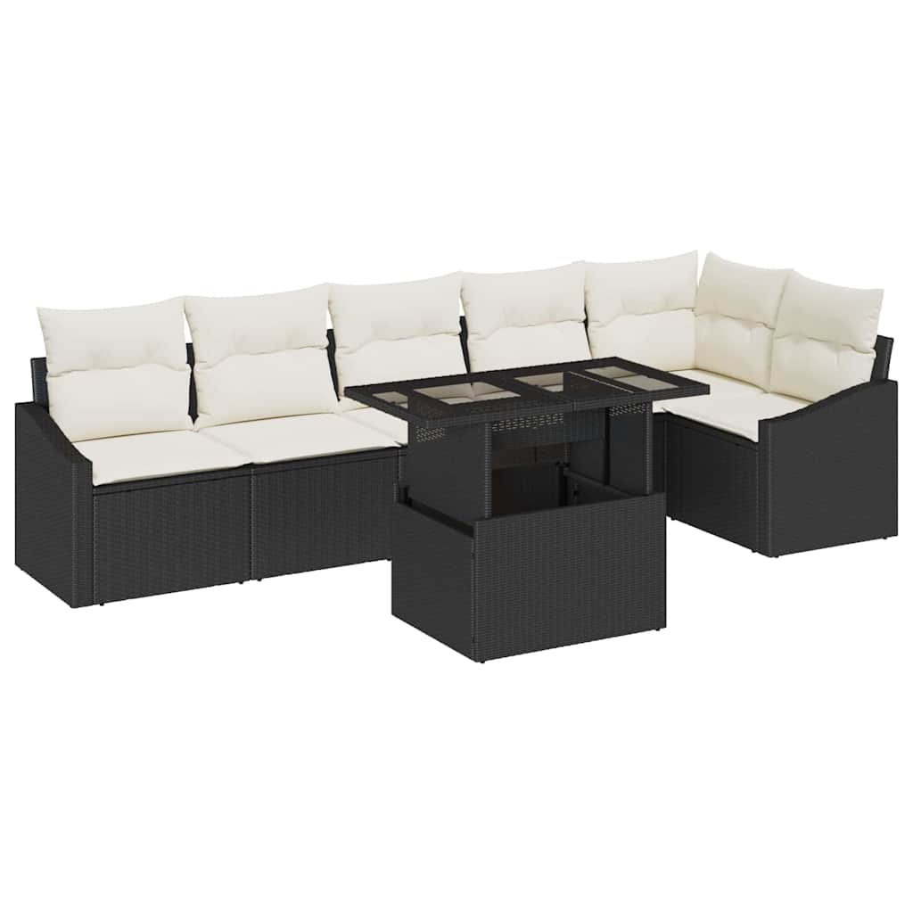 vidaXL Garten-Sofa-Set mit Kissen mit Speicher 7 pcs Schwarz und Creme