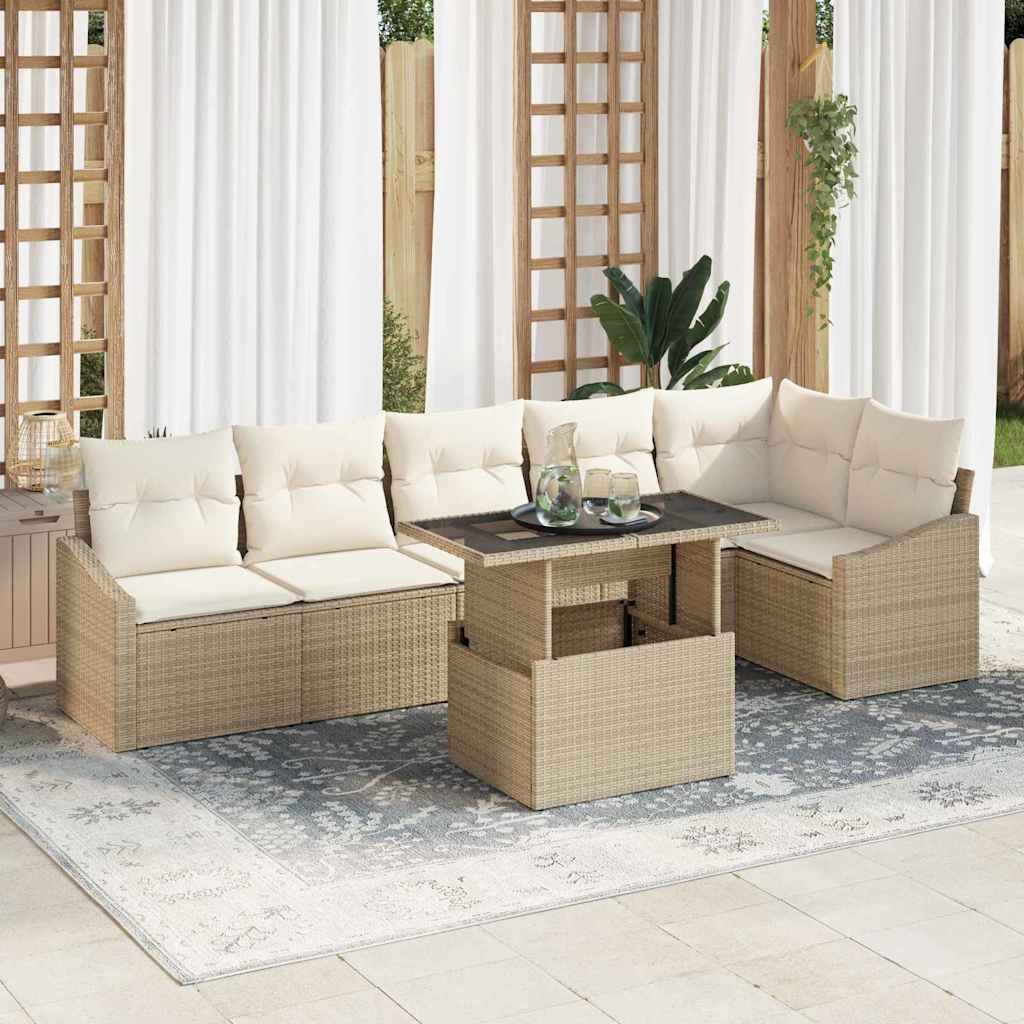 vidaXL Garten-Sofa-Set mit Kissen mit Speicher 7 pcs Schwarz und Creme