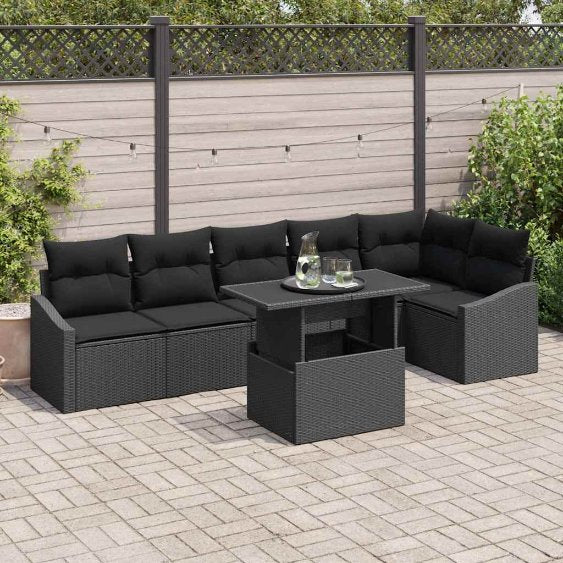 vidaXL Garten-Sofa-Set mit Kissen mit Speicher 7 pcs Schwarz und Creme
