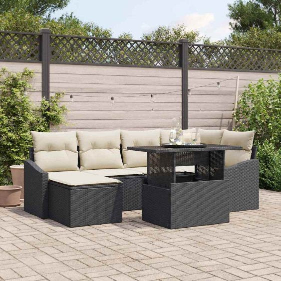 Garten-Sofa-Set mit Kissen mit Speicher 7 pcs Schwarz und Creme