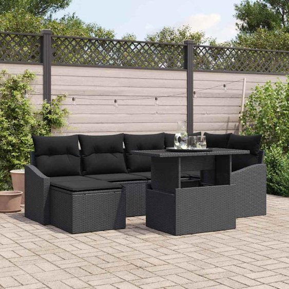 Garten-Sofa-Set mit Kissen mit Speicher 7 pcs Schwarz und Creme