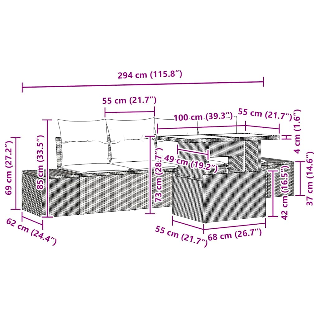vidaXL Garten-Sofa-Set mit Kissen mit Speicher 5 pcs Schwarz und Creme