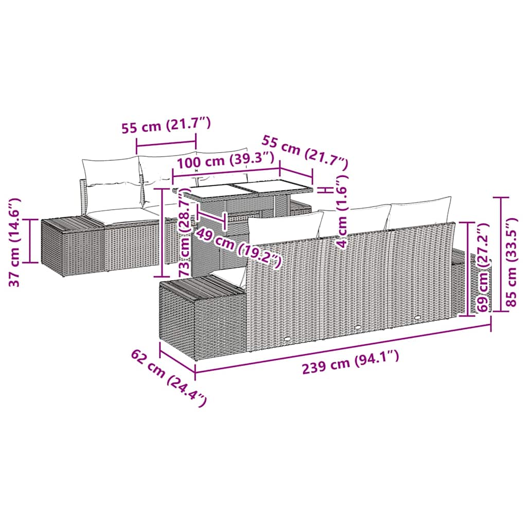 vidaXL Garten-Sofa-Set mit Kissen 7 pcs Schwarz und Creme