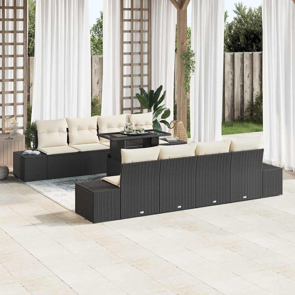 vidaXL Gartensofa-set mit Kissen mit Speicher 9 pcs Schwarz und Creme