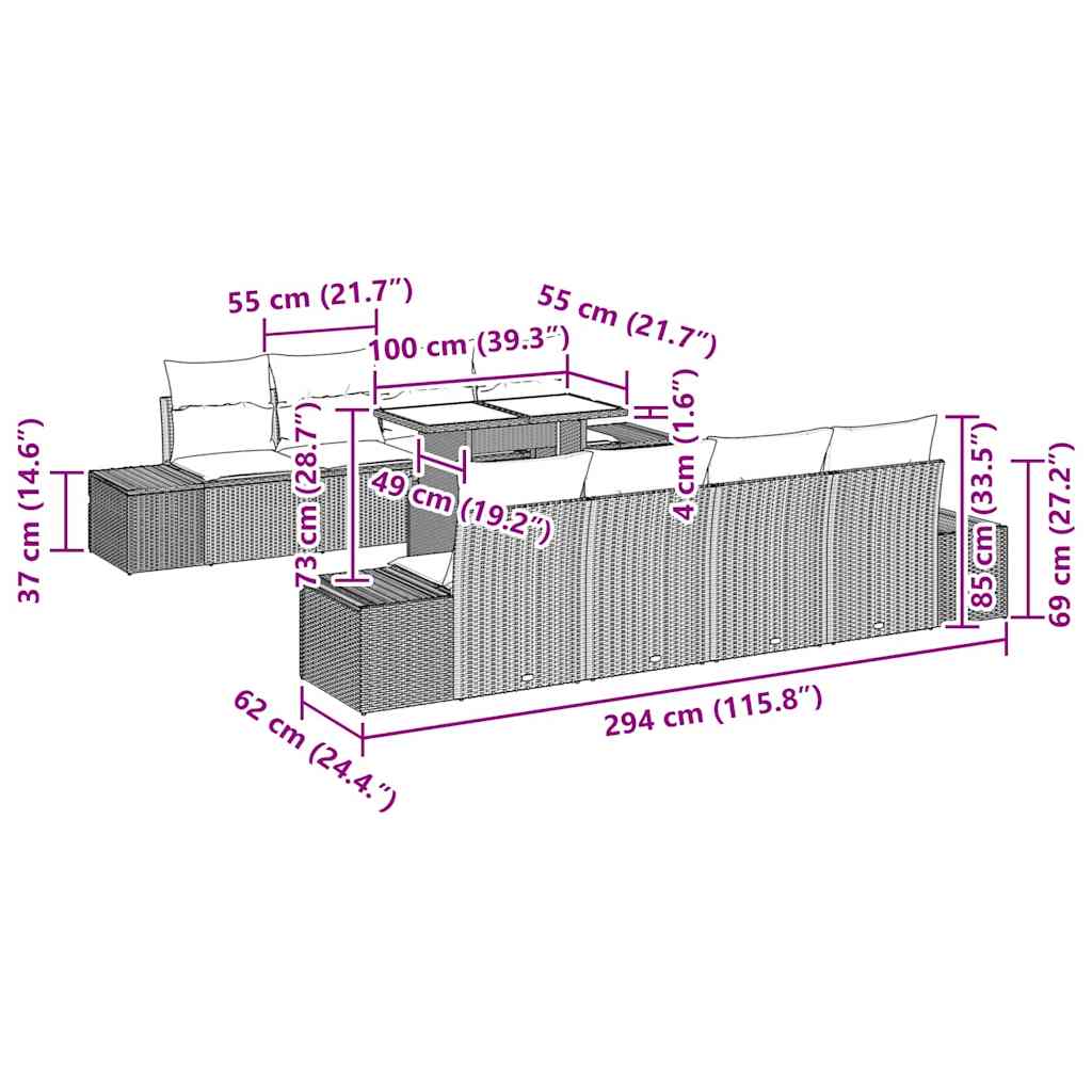 vidaXL Gartensofa-set mit Kissen mit Speicher 9 pcs Schwarz und Creme