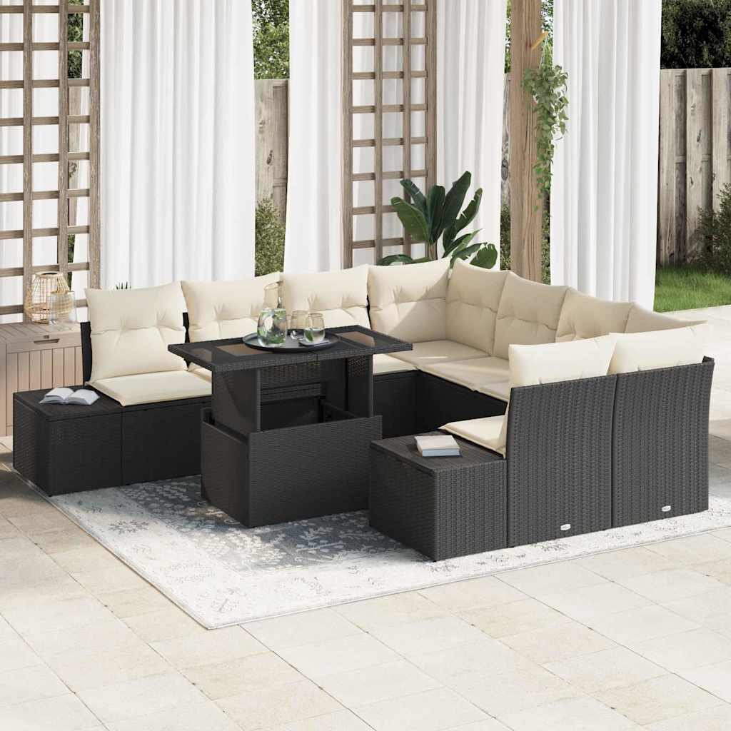 Garten-Sofa-Set mit Kissen mit Speicher 9 pcs Schwarz und Creme