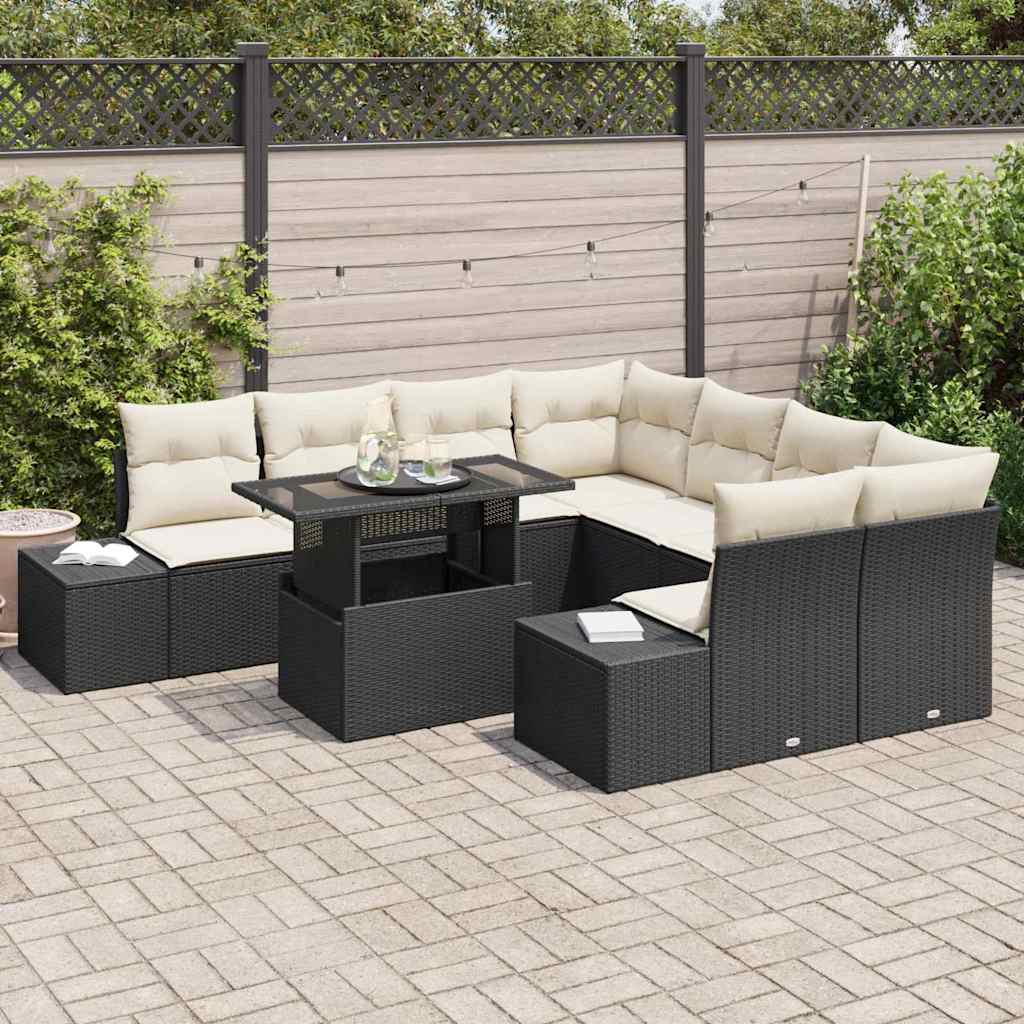 Garten-Sofa-Set mit Kissen mit Speicher 9 pcs Schwarz und Creme