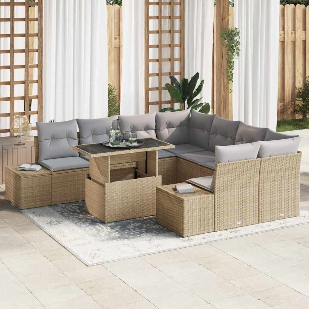 Garten-Sofa-Set mit Kissen mit Speicher 9 pcs Schwarz und Creme