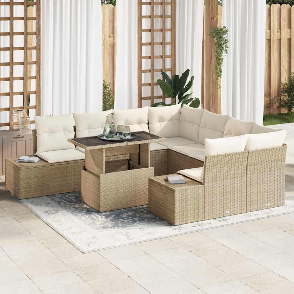Garten-Sofa-Set mit Kissen mit Speicher 9 pcs Schwarz und Creme