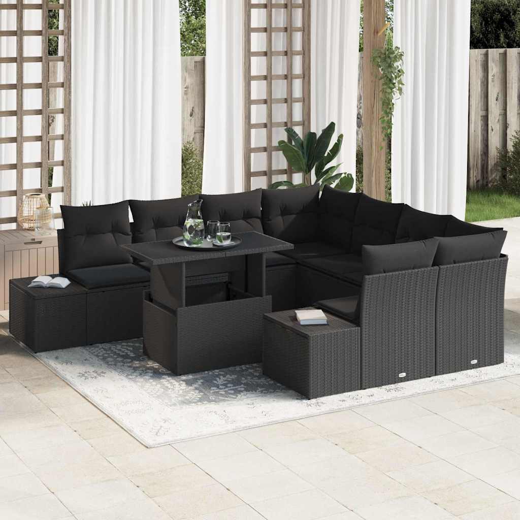 Garten-Sofa-Set mit Kissen mit Speicher 9 pcs Schwarz und Creme
