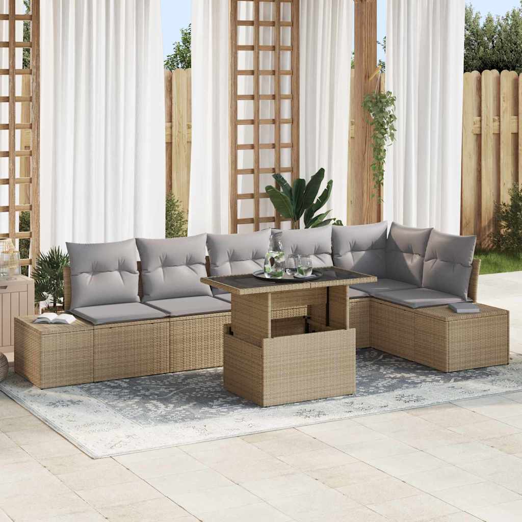 Gartensofa-set mit Kissen 7 pcs Schwarz Poly-Rattan